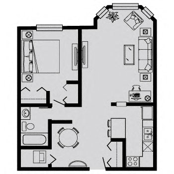 Floor plan for 1 bed, 1 bath, 800 sqft