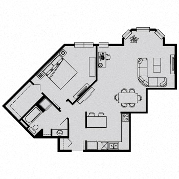 Floor plan for 1 bed, 1 bath, 950 sqft