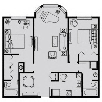 Floor plan for 2 beds, 2 baths, 1100 sqft