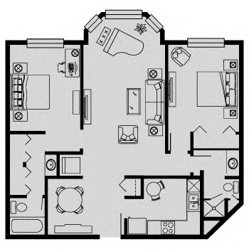 Floor plan for 2 beds, 2 baths, 1100 sqft