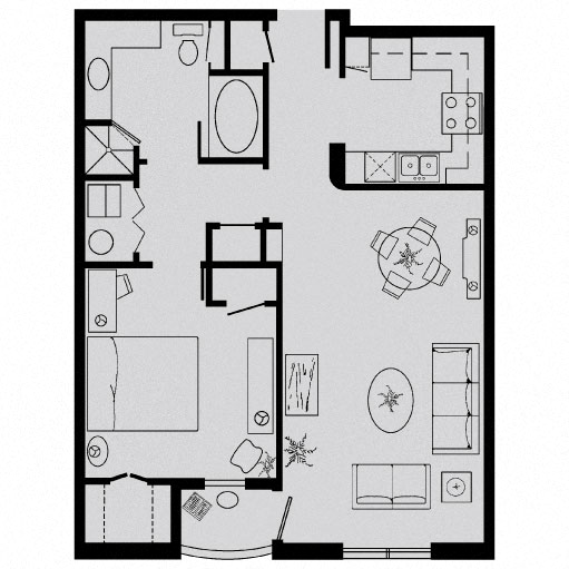 Floor plan for 1 bed, 1 bath, 783 sqft