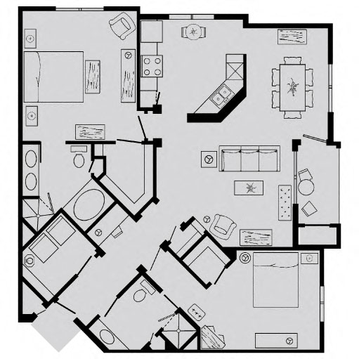 Floor plan for 2 beds, 2 baths, 1263 sqft