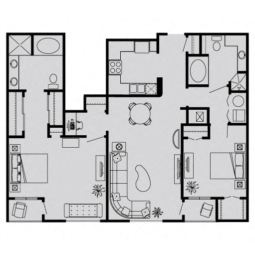 Floor plan for 2 beds, 2 baths, 1256 sqft