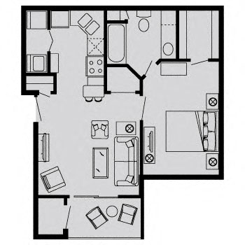 Floor plan for 1 bed, 1 bath, 541 sqft