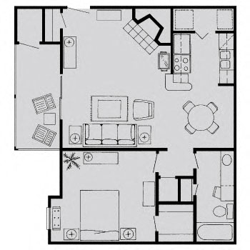 Floor plan for 1 bed, 1 bath, 712 sqft
