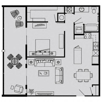 Floor plan for 1 bed, 1 bath, 790 sqft