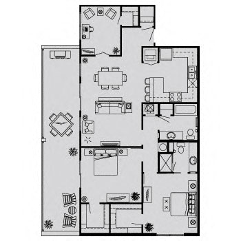 Floor plan for 2 beds, 1.5 baths, 1040 sqft