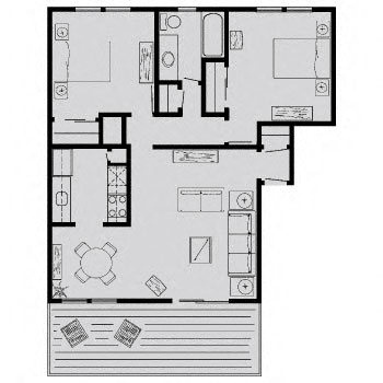 Floor plan for 2 beds, 1 bath, 796 sqft