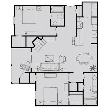 Floor plan for 2 beds, 2 baths, 1018 sqft