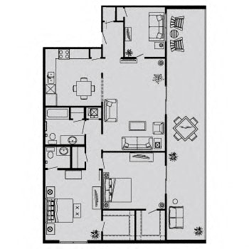 Floor plan for 2 beds, 1.5 baths, 1040 sqft
