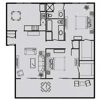 Floor plan for 2 beds, 1.8 baths, 995 sqft