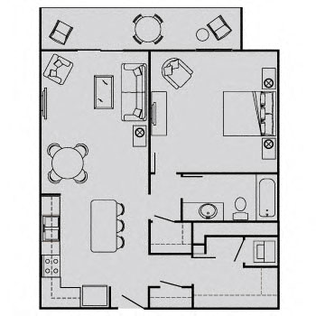 Floor plan for 1 bed, 1 bath, 660 sqft