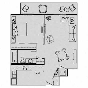 Floor plan for 1 bed, 1 bath, 699 sqft