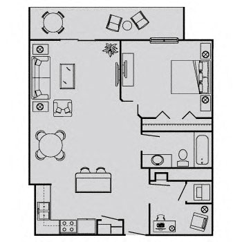 Floor plan for 1 bed, 1 bath, 743 sqft