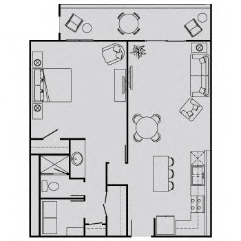 Floor plan for 1 bed, 1 bath, 734 sqft
