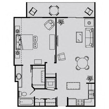 Floor plan for 1 bed, 1 bath, 769 sqft