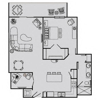 Floor plan for 1 bed, 1 bath, 890 sqft