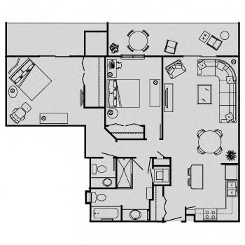 Floor plan for 2 beds, 1.5 baths, 915 sqft