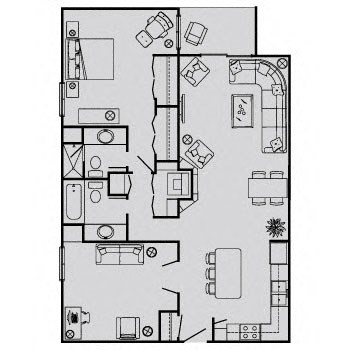Floor plan for 1 bed, 2 baths, 993 sqft