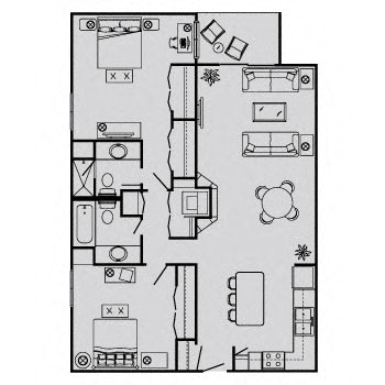 Floor plan for 2 beds, 2 baths, 993 sqft