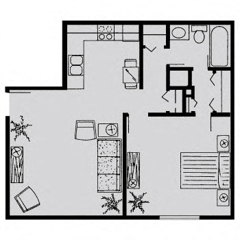Floor plan for 1 bed, 1 bath, 619 sqft