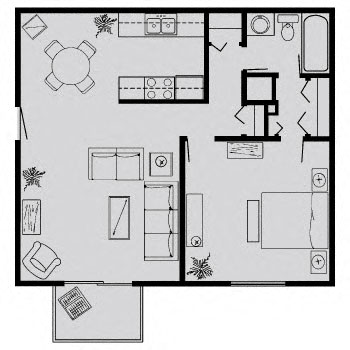 Floor plan for 1 bed, 1 bath, 718 sqft