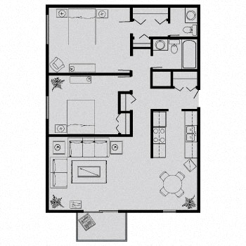 Floor plan for 2 beds, 1.5 baths, 880 sqft