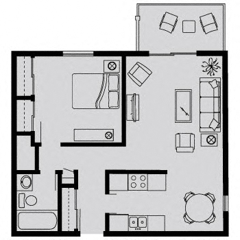 Floor plan for 1 bed, 1 bath, 569 sqft