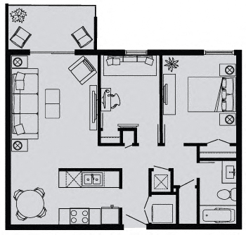 Floor plan for 2 beds, 1 bath, 683 sqft
