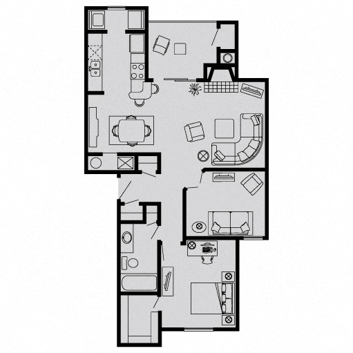 Floor plan for 1 bed, 1 bath, 800 sqft