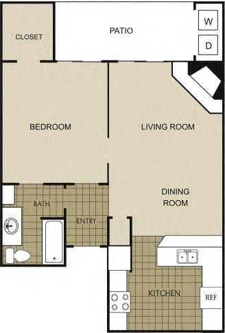 Floor plan for 1 bed, 1 bath, 685 sqft
