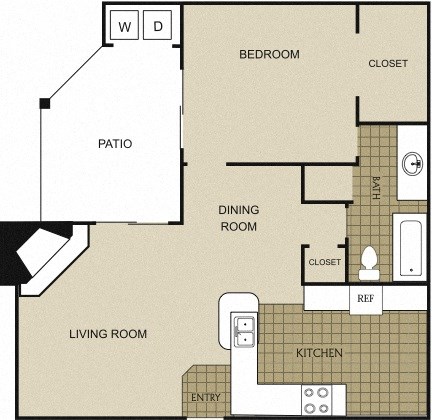 Floor plan for 1 bed, 1 bath, 719 sqft