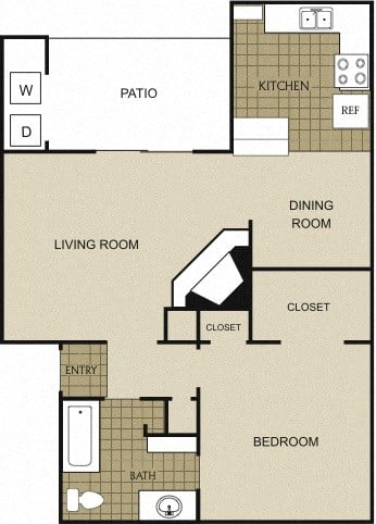 Floor plan for 1 bed, 1 bath, 757 sqft
