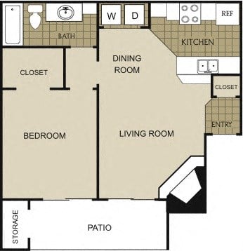 Floor plan for 1 bed, 1 bath, 621 sqft