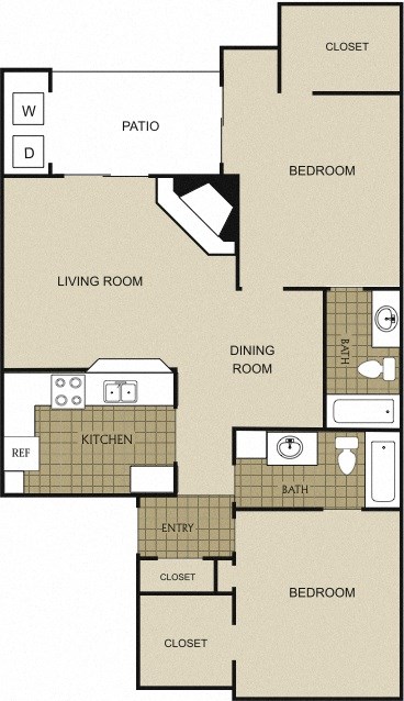 Floor plan for 2 beds, 2 baths, 955 sqft