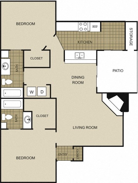 Floor plan for 2 beds, 2 baths, 987 sqft