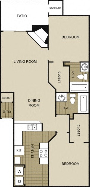 Floor plan for 2 beds, 2 baths, 1055 sqft