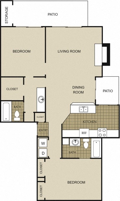 Floor plan for 2 beds, 2 baths, 1114 sqft