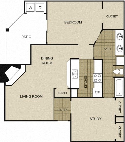 Floor plan for 2 beds, 1 bath, 841 sqft