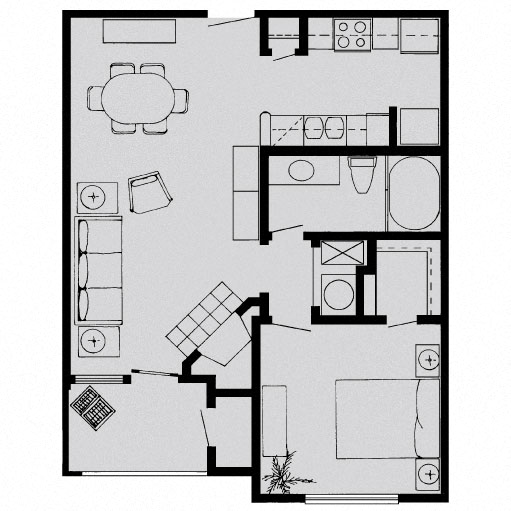 Floor plan for 1 bed, 1 bath, 620 sqft