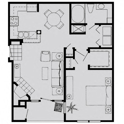 Floor plan for 1 bed, 1 bath, 716 sqft