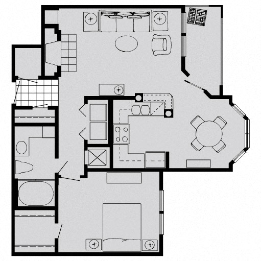 Floor plan for 1 bed, 1 bath, 722 sqft
