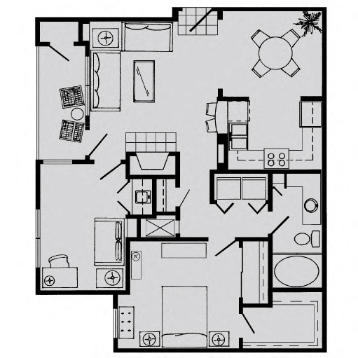Floor plan for 1 bed, 1 bath, 832 sqft