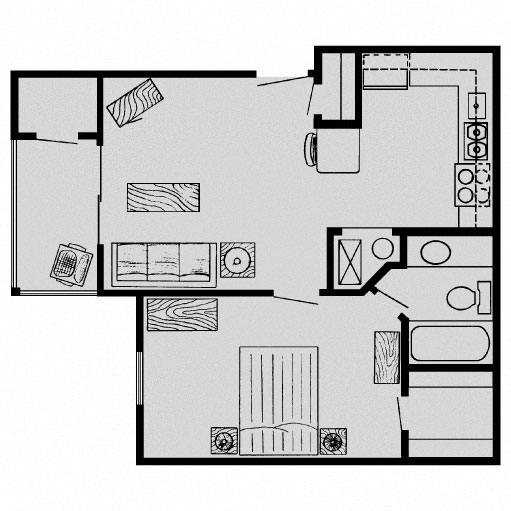 Floor plan for 1 bed, 1 bath, 541 sqft