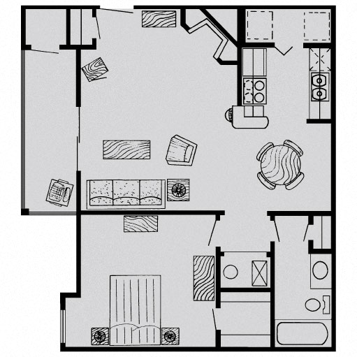 Floor plan for 1 bed, 1 bath, 725 sqft