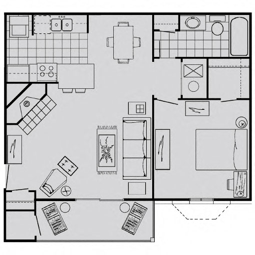 Floor plan for 1 bed, 1 bath, 732 sqft