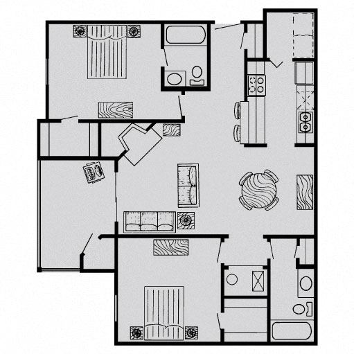 Floor plan for 2 beds, 2 baths, 1018 sqft