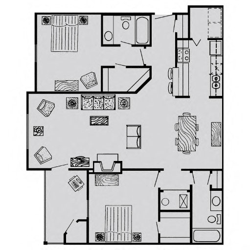 Floor plan for 2 beds, 2 baths, 1231 sqft