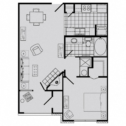 Floor plan for 1 bed, 1 bath, 682 sqft