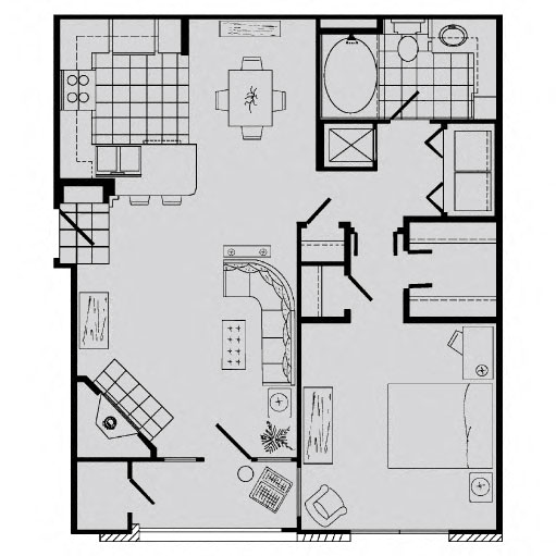Floor plan for 1 bed, 1 bath, 788 sqft